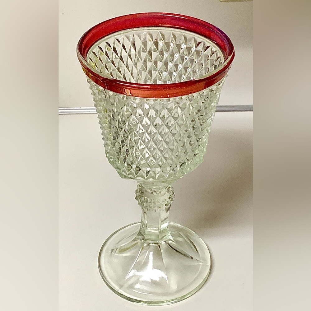 Mid Century Vintage Ruby Flash Diamond Cut Pressed Glass Urn Vase